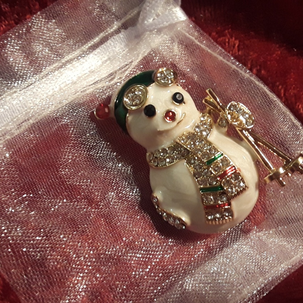 Skiing Snowman Rhinestone Pin - Picture 2 of 2